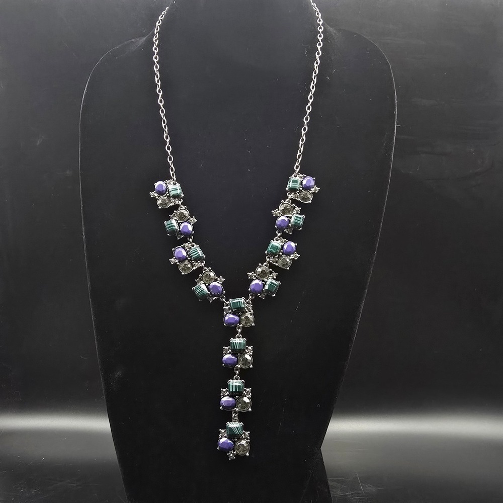 The Limited Green Blue Y-Drop Necklace Rhinestone Statement Jewelry